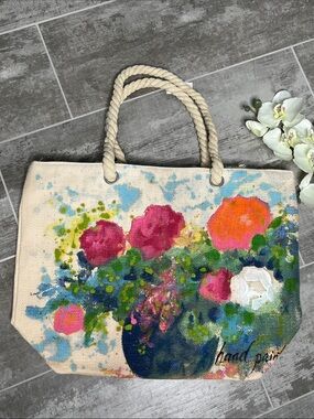 Floral Canvas Tote Bag with Rope Handles - Pink & Blue Bouquet